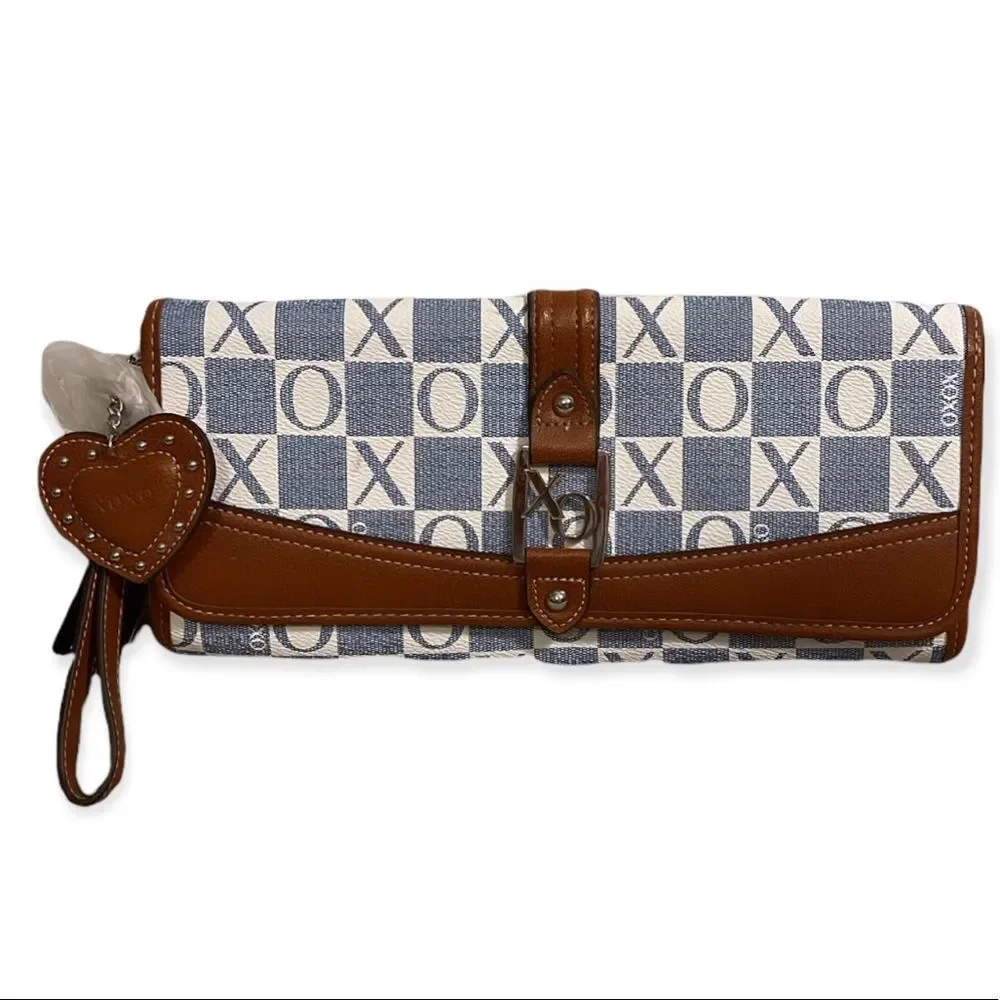 NWT XOXO Denim & Leather Large Wristlet Bag - Picture 1 of 4